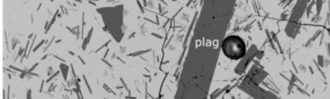Back Scatter Electron Image of the lava showing crystals of plagioclase